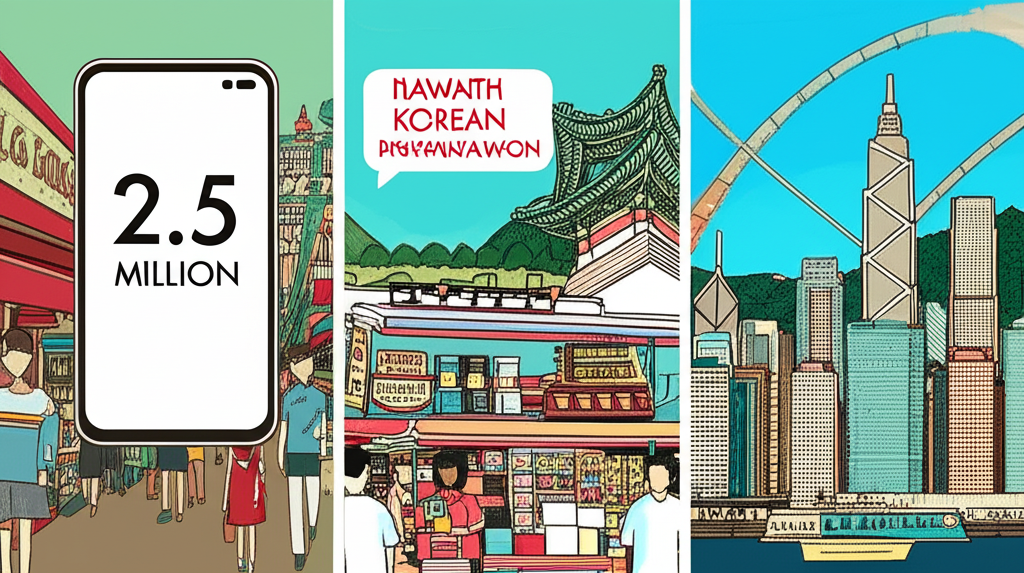 插圖:分鏡畫面展示250萬韓元在台灣購買智慧型手機、在韓國支付一個月生活開銷、在香港購買奢侈品,背景包含各地地標