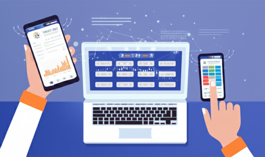 Illustration of a person switching between laptop and smartphone displaying Super Smart Star app with financial charts