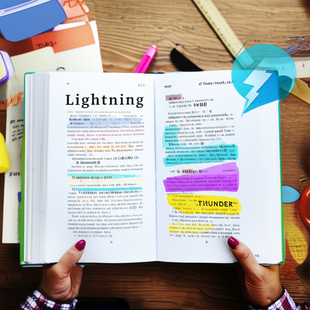 a person studying a dictionary with thunder related words and symbols highlighting basic definitions parts of speech and pronunciation tips