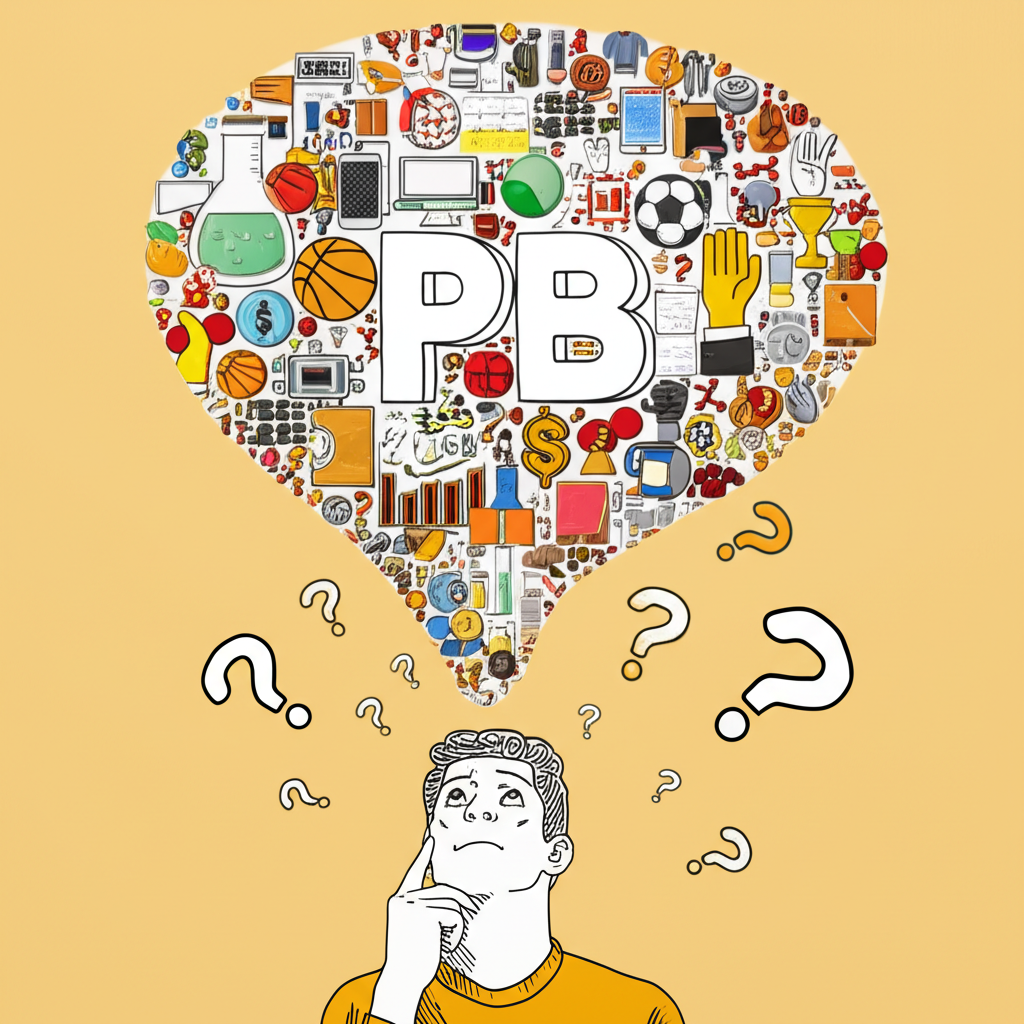 一個人困惑地看著 PB 相關符號的插圖,包括金融、運動、科技、化學和粉絲文化的元素