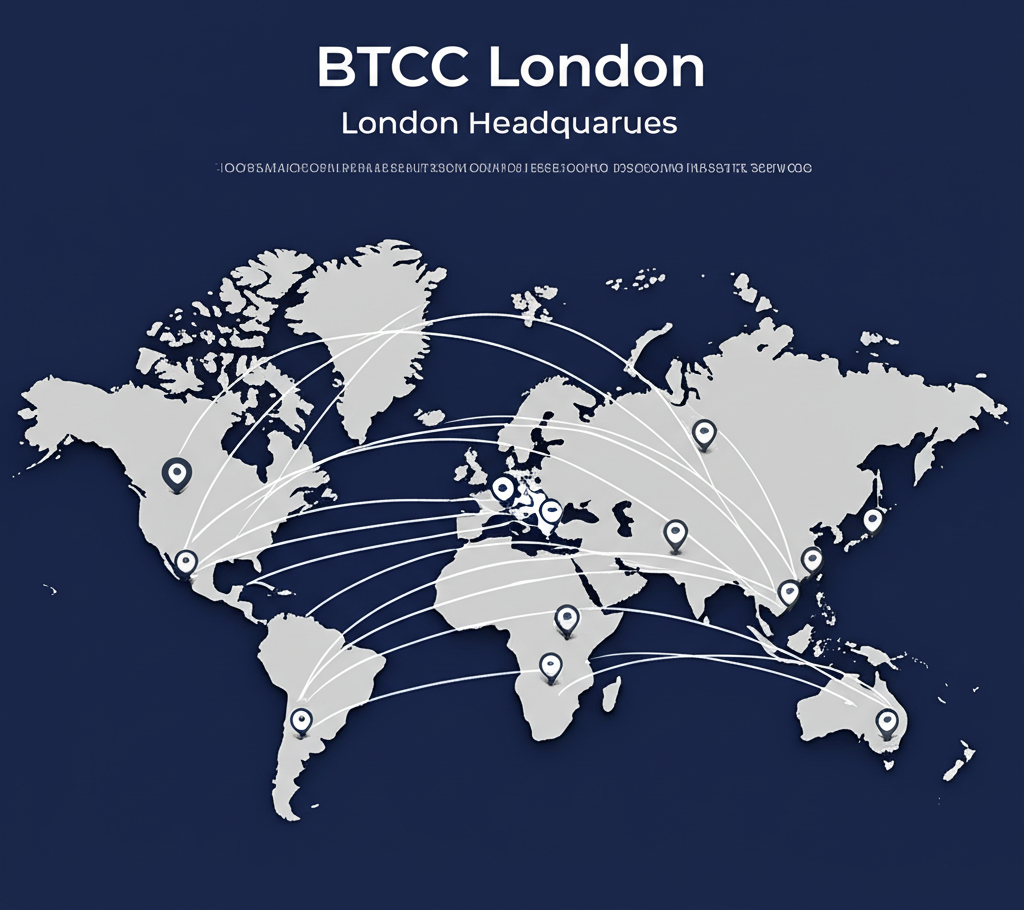 world map highlighting BTCC's London headquarters and global operational centers illustration