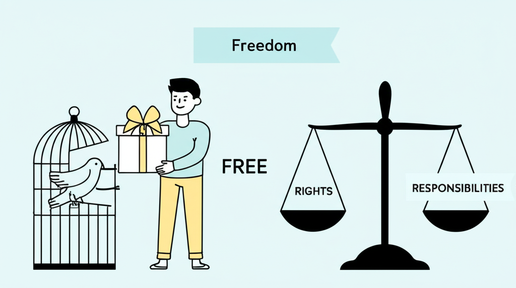 Illustration showing a clear visual contrast between two concepts on one side a person happily receiving a free gift and a bird flying out of a cage on the other side an abstract representation of a scale balancing rights and responsibilities
