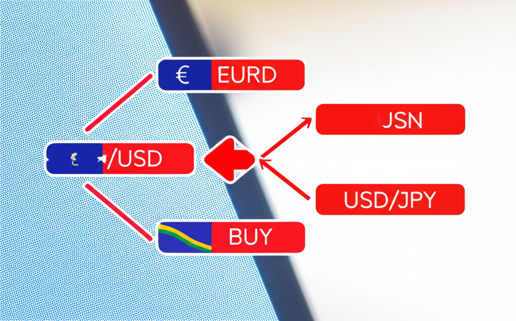 貨幣對如EUR/USD和USD/JPY的圖示,由國旗代表在數位螢幕上交換價值,箭頭顯示買賣動作適合新手