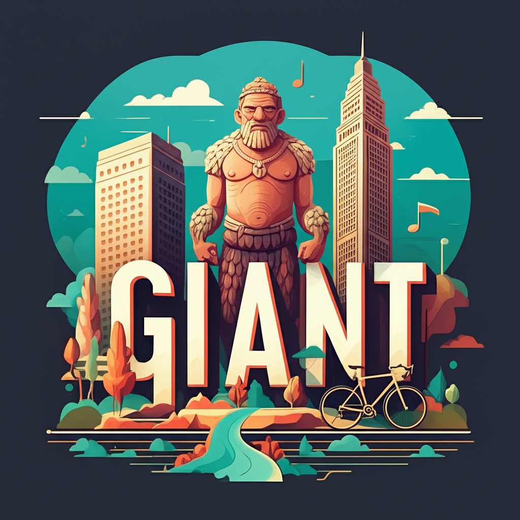 Giant 單字的多重象徵插圖，包含神話巨人、高聳摩天大樓、流線型自行車與音樂音符，展現其多元含義與文化影響