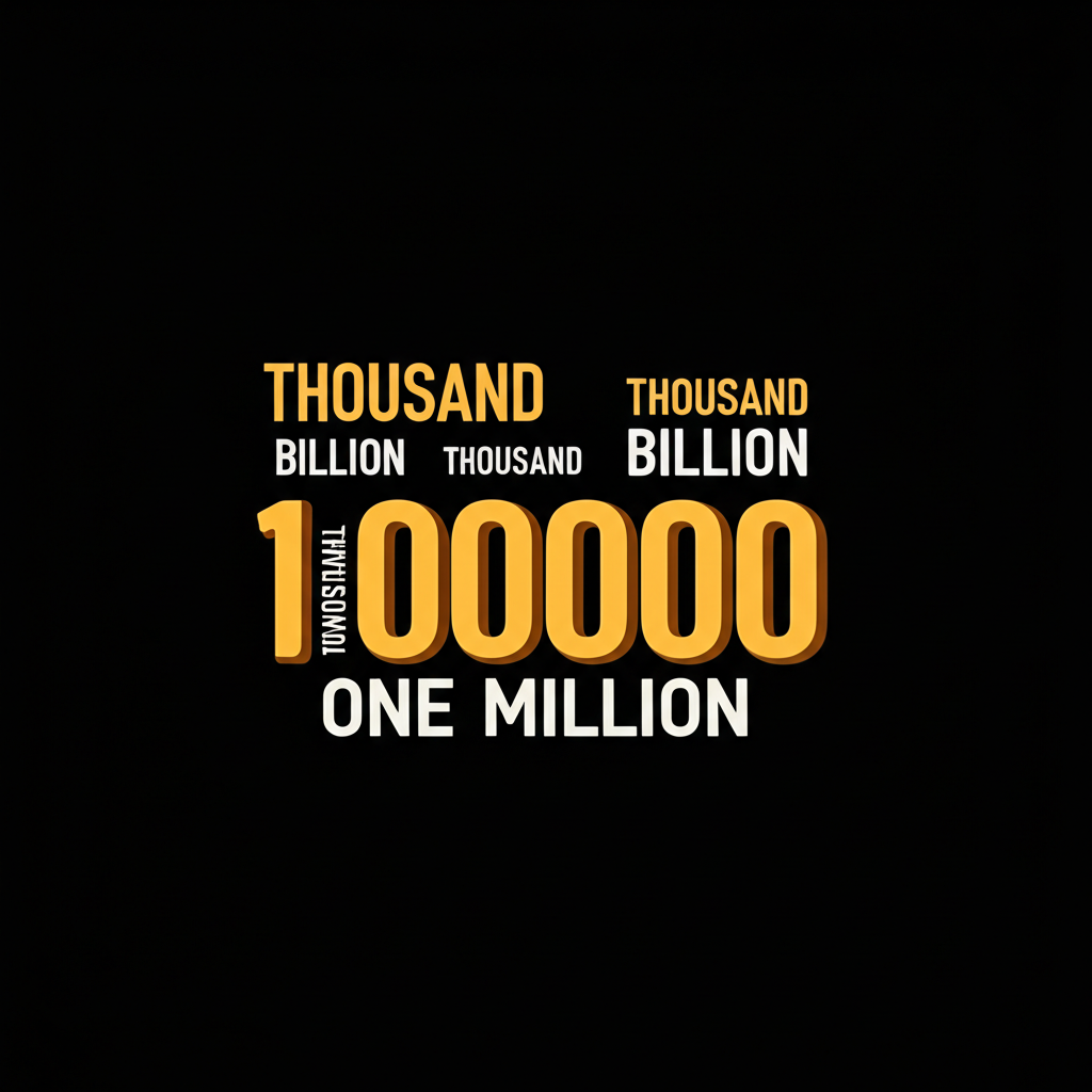 一個巨大的粗體數字1000000醒目地矗立,下方標示『One Million』,周圍環繞著『thousand』與『billion』等單位,呈現清晰的數值階層