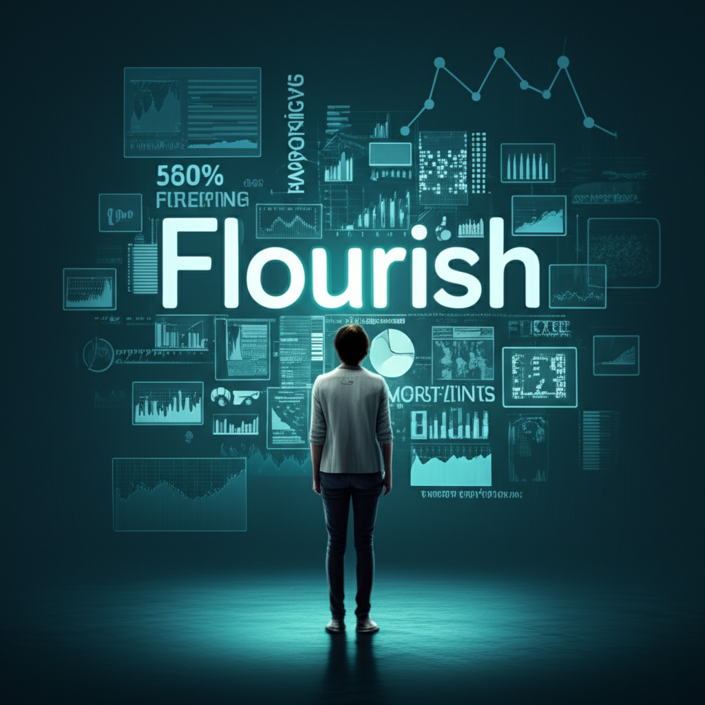 插畫:一個人被漂浮的詞彙與數據視覺化環繞,中央發光的「Flourish」字樣象徵其多重含義,風格為導覽式插畫