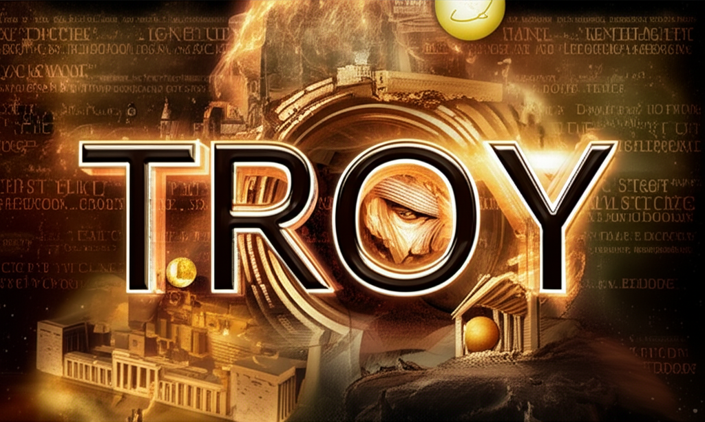 Troy多重宇宙概念圖:融合古代文明、英雄史詩、現代人名與貴金屬單位的視覺呈現