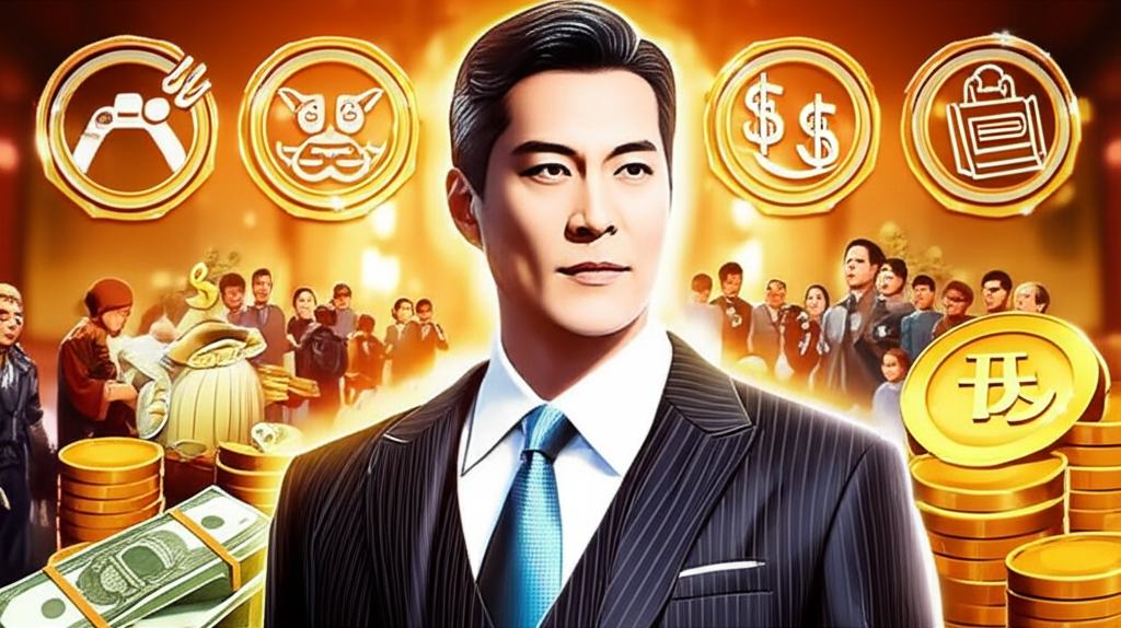 魅力領袖沈長聲散發權威氣場,周圍環繞崇拜群眾與財富象徵,象徵其金融帝國的崛起