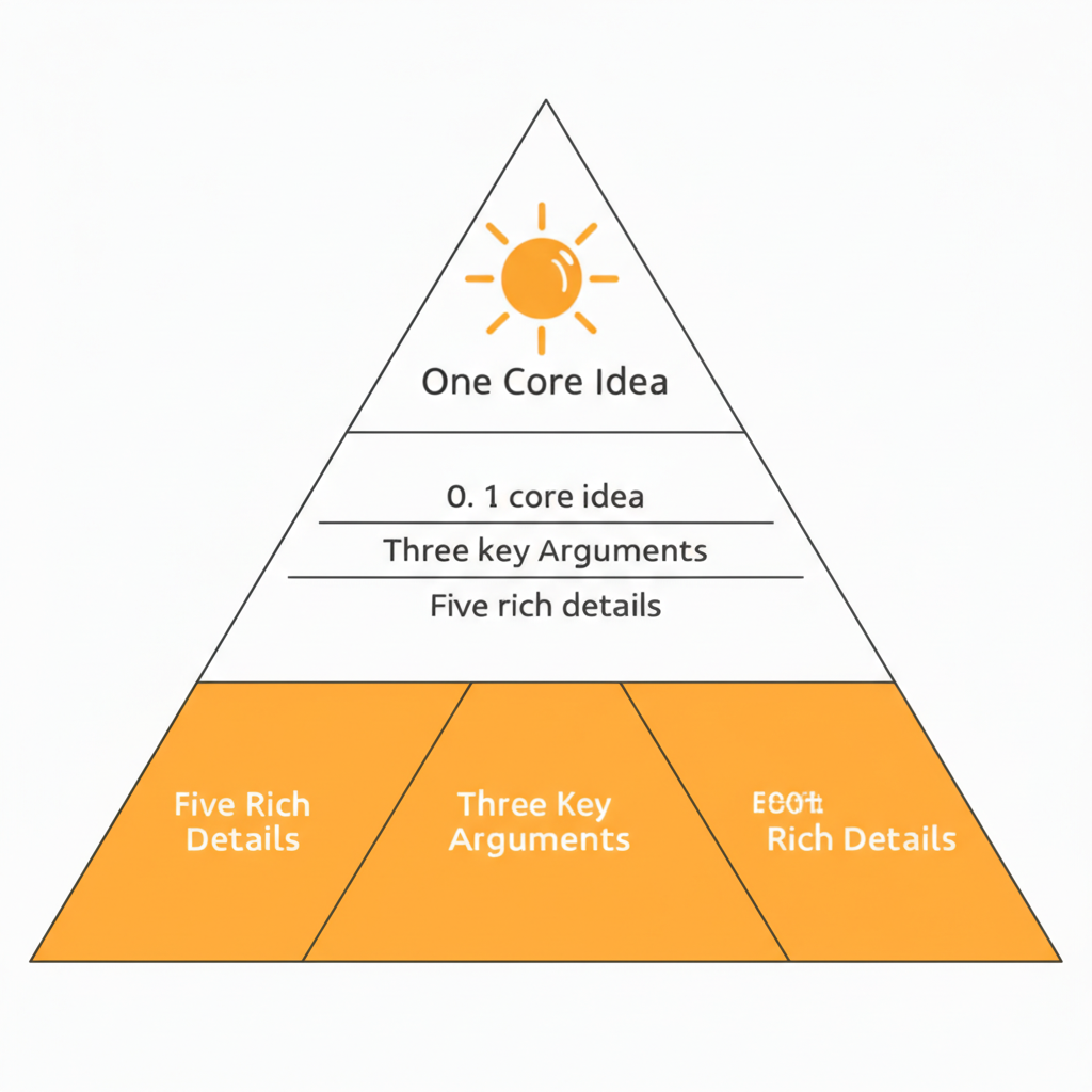illustration depicting a pyramid structure with three distinct layers labeled one core idea three key arguments and five rich details symbolizing content organization