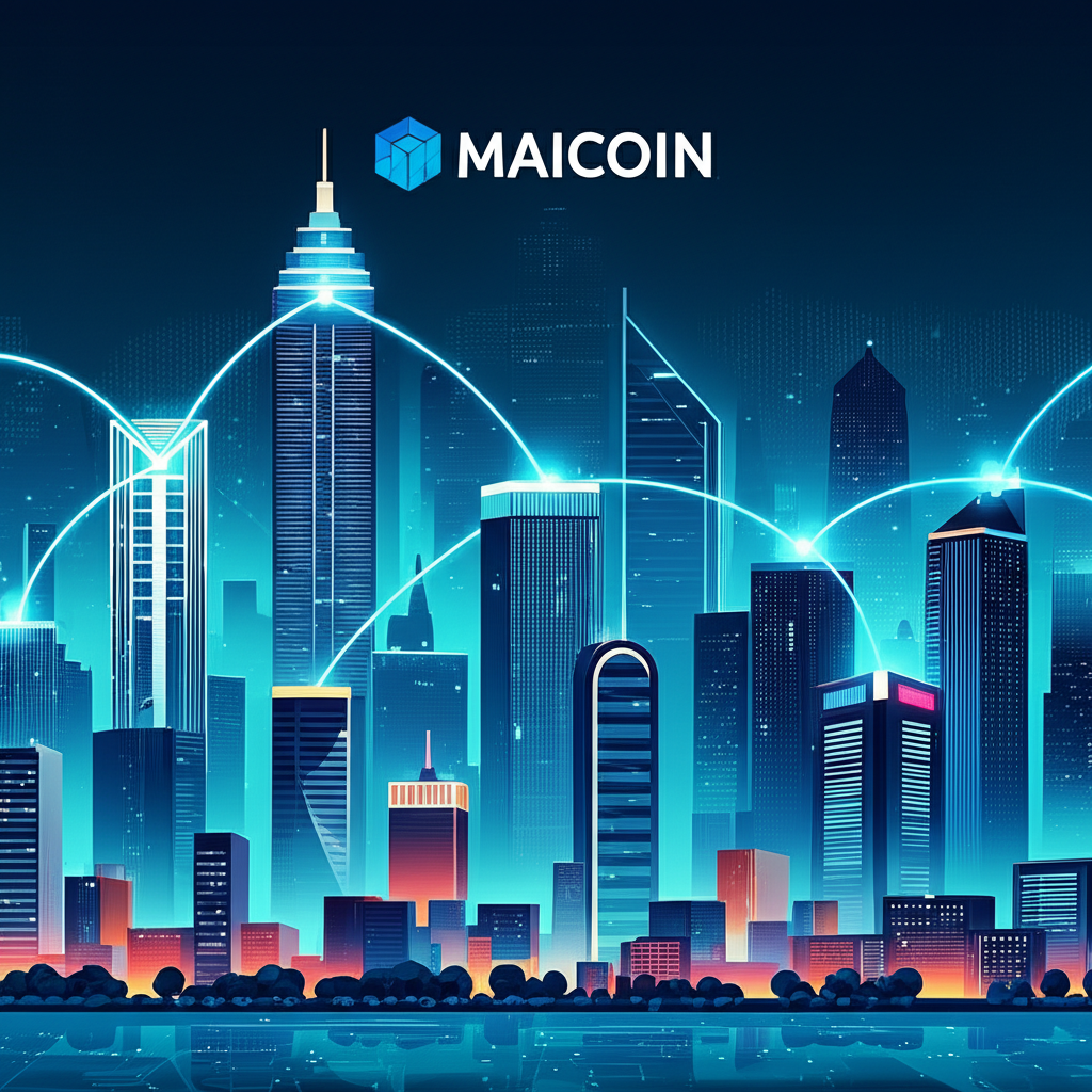 充滿活力的數位城市天際線,區塊鏈連接建築物,並突出 MaiCoin 標誌,代表台灣領先的加密貨幣平台在數位金融中的角色