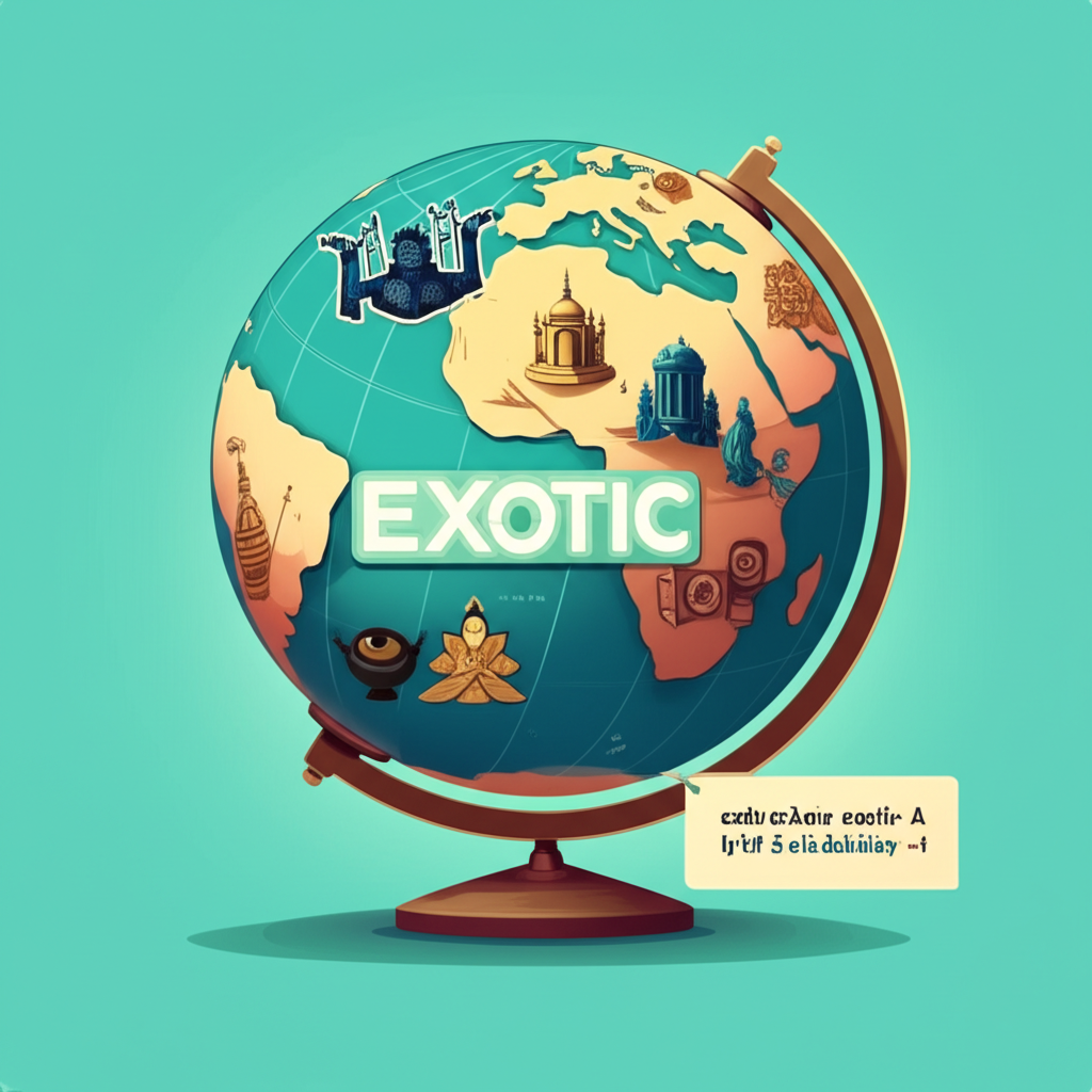 插圖:風格化的地球,帶有多元文化符號與古希臘文字,象徵「exotic」的起源與核心定義,並附發音指南
