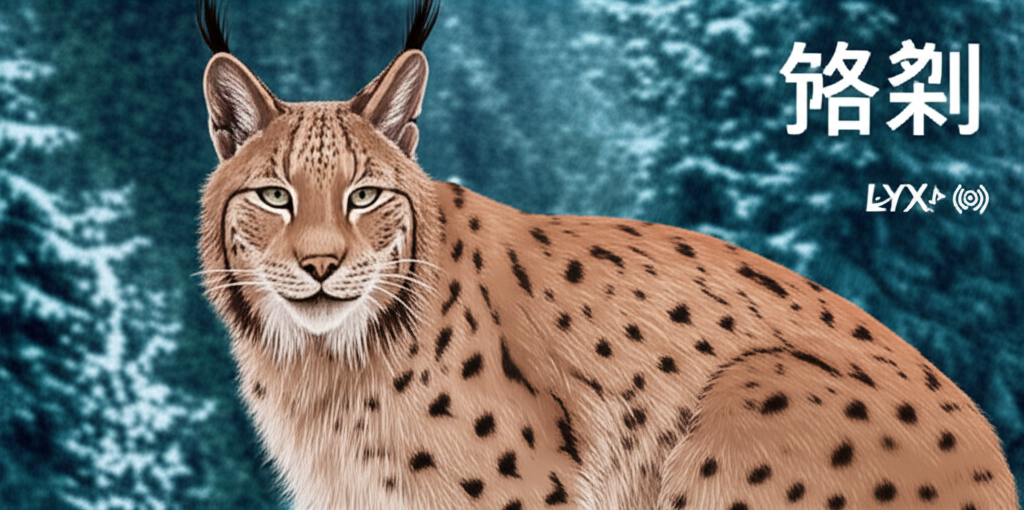 一幅中型貓科動物的插圖,展示猞猁的細微斑點、獨特耳簇毛,在自然環境中,代表其作為Lynx主要中文翻譯的起源