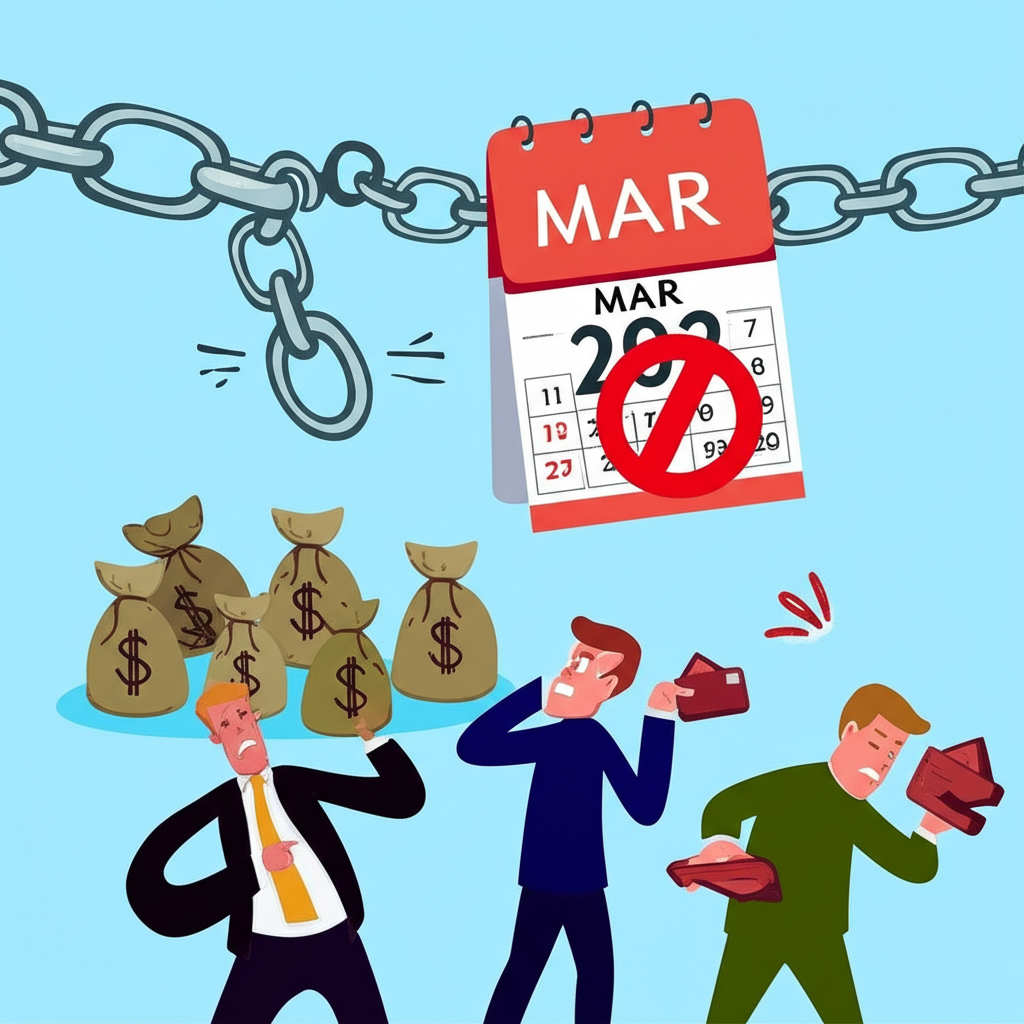 斷裂的資金鏈連接錢袋,2023年3月日曆顯示停止標誌,背景中持有空錢包的沮喪投資者