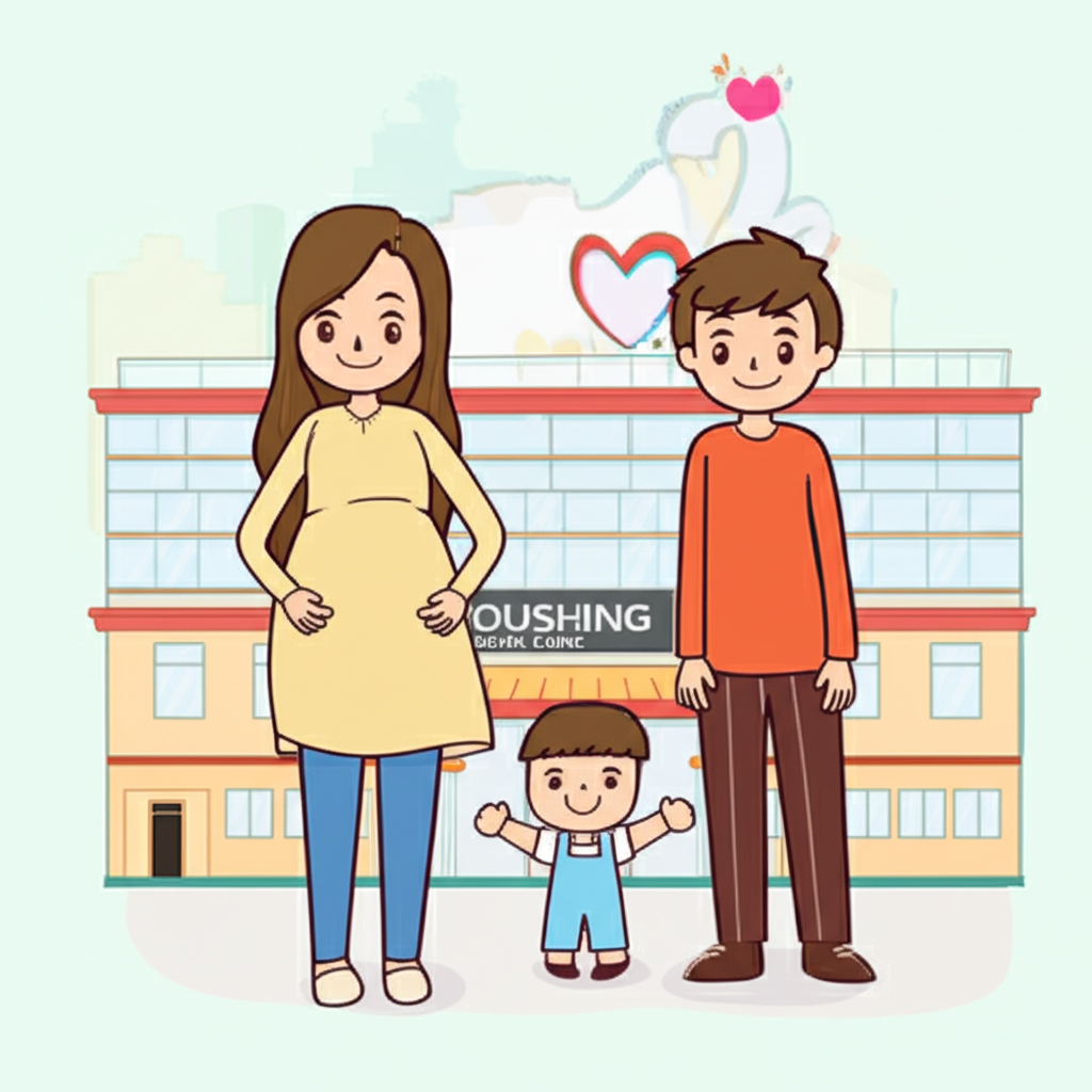 一幅描繪快樂家庭,包括孕婦、父親和孩子,站在現代溫馨醫療診所前,診所名稱為佑生,傳達信任與全面照護的插圖