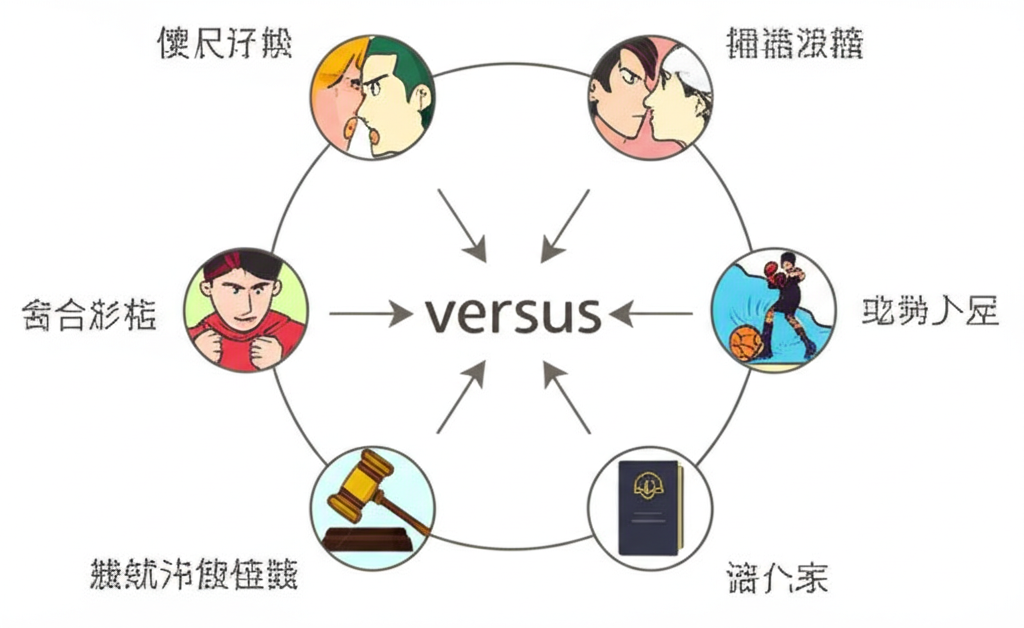 圖示「versus」作為介詞的基本定義,源自拉丁文,意為「轉向」,包含其常見中文翻譯:對抗、比較、體育對陣、法律訴訟