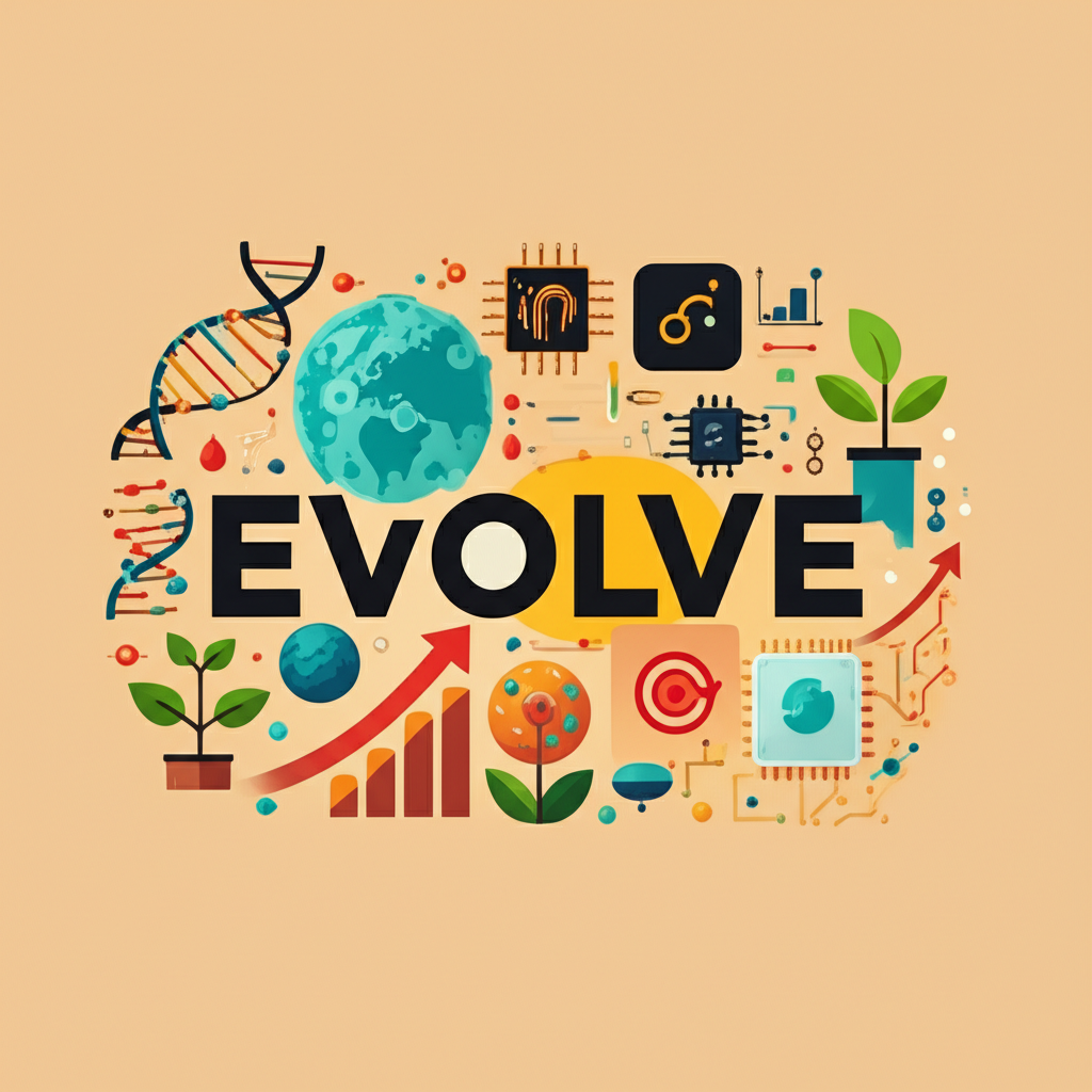 Evolve 單字在不同領域的應用概念圖,包含生物、科技、個人成長與品牌象徵