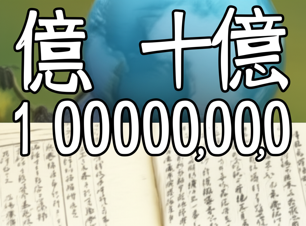 巨大數字 1000000000 醒目顯示,旁邊清晰的中文字符 十億,背景有地球儀象徵國際標準,角落有模糊的歷史文件暗示過去的混亂