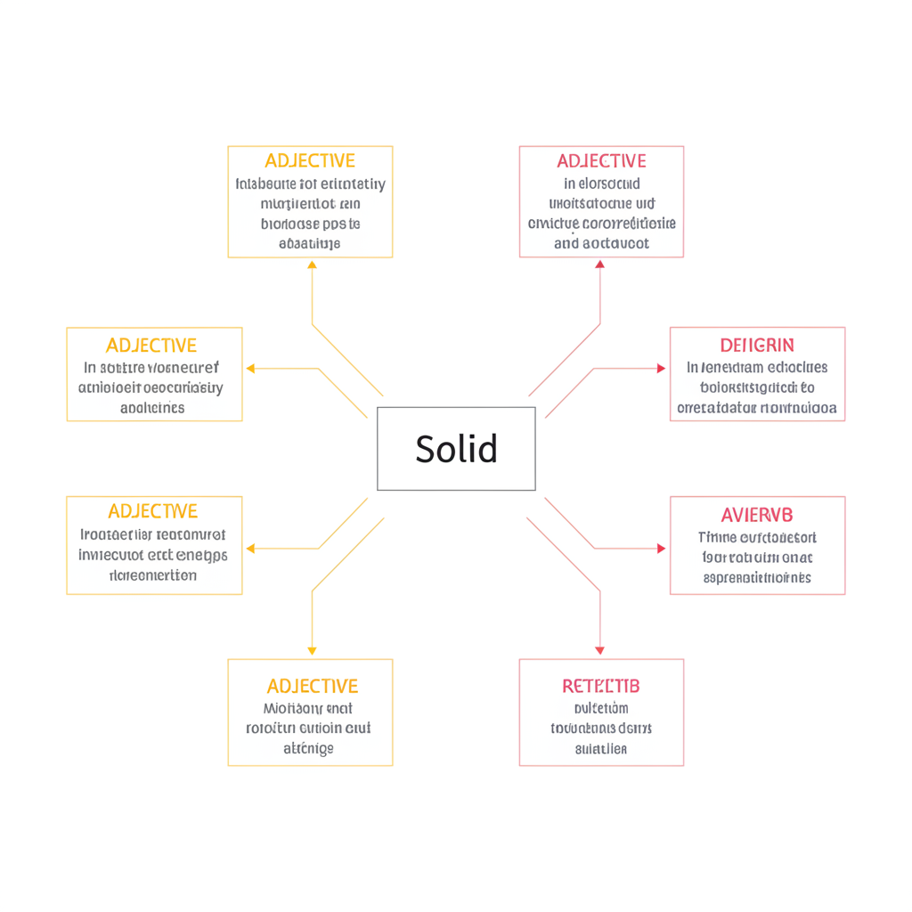 Solid 單詞作為中心概念,分支路徑顯示不同文法類別和語意含義,全面指南其核心定義與多樣用法