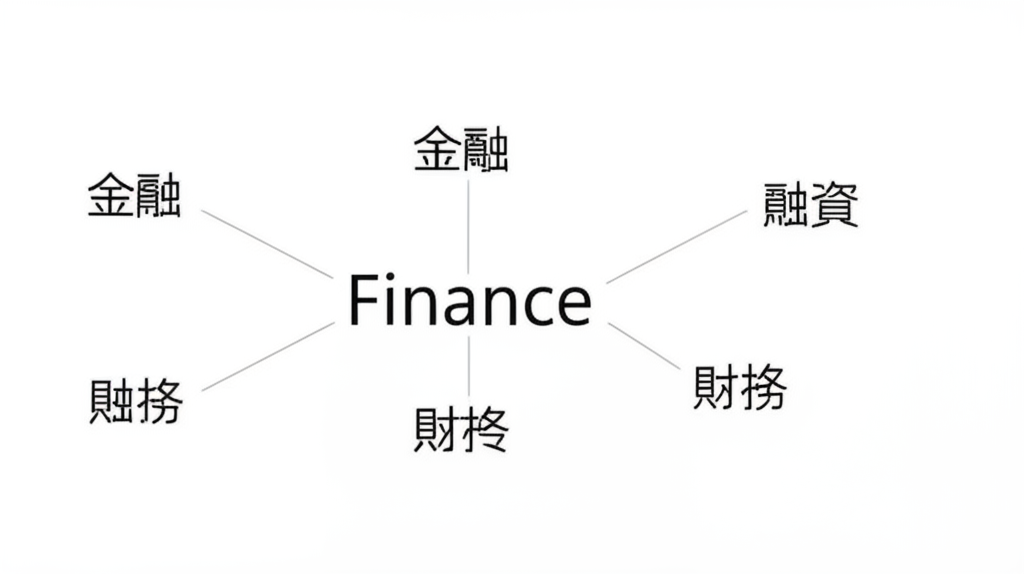 大寫 Finance 字樣,周圍分支出如金融、融資、財務等中文詞,展示其根據情境的多樣意涵
