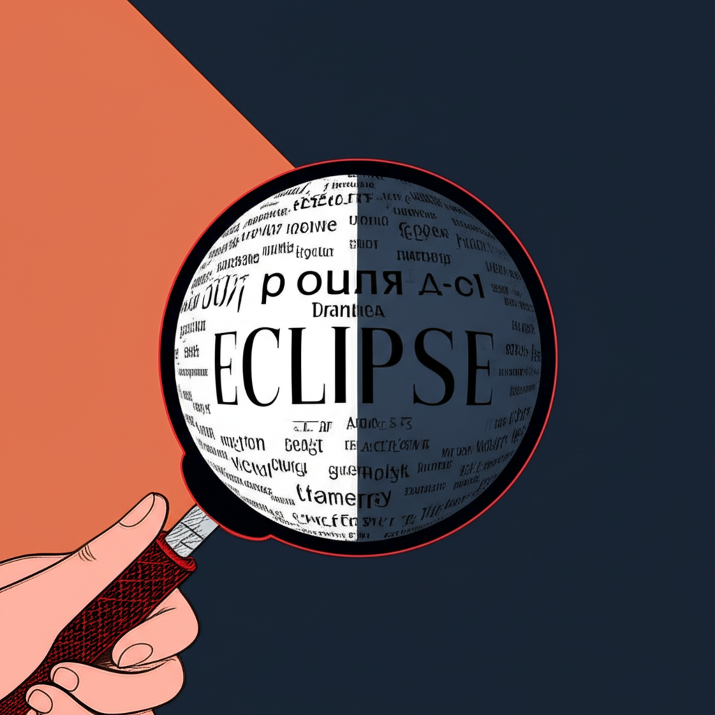 Eclipse 詞彙核心概念的插圖,放大鏡下遮蔽光芒與語言元素