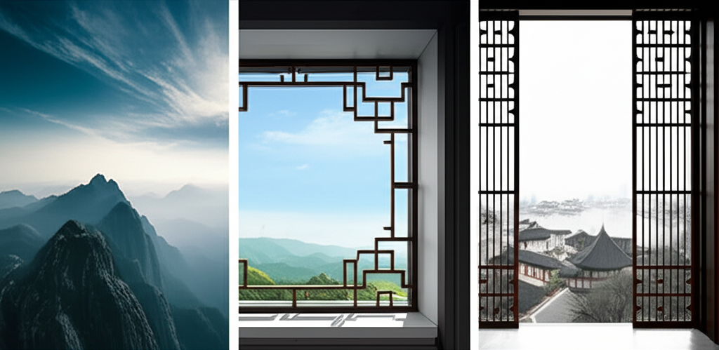 三種不同景觀圖像:廣闊山脈代表風景、窗邊寧靜視野代表景色、古樸詩意景致帶傳統建築代表風光,皆連結scenery一詞