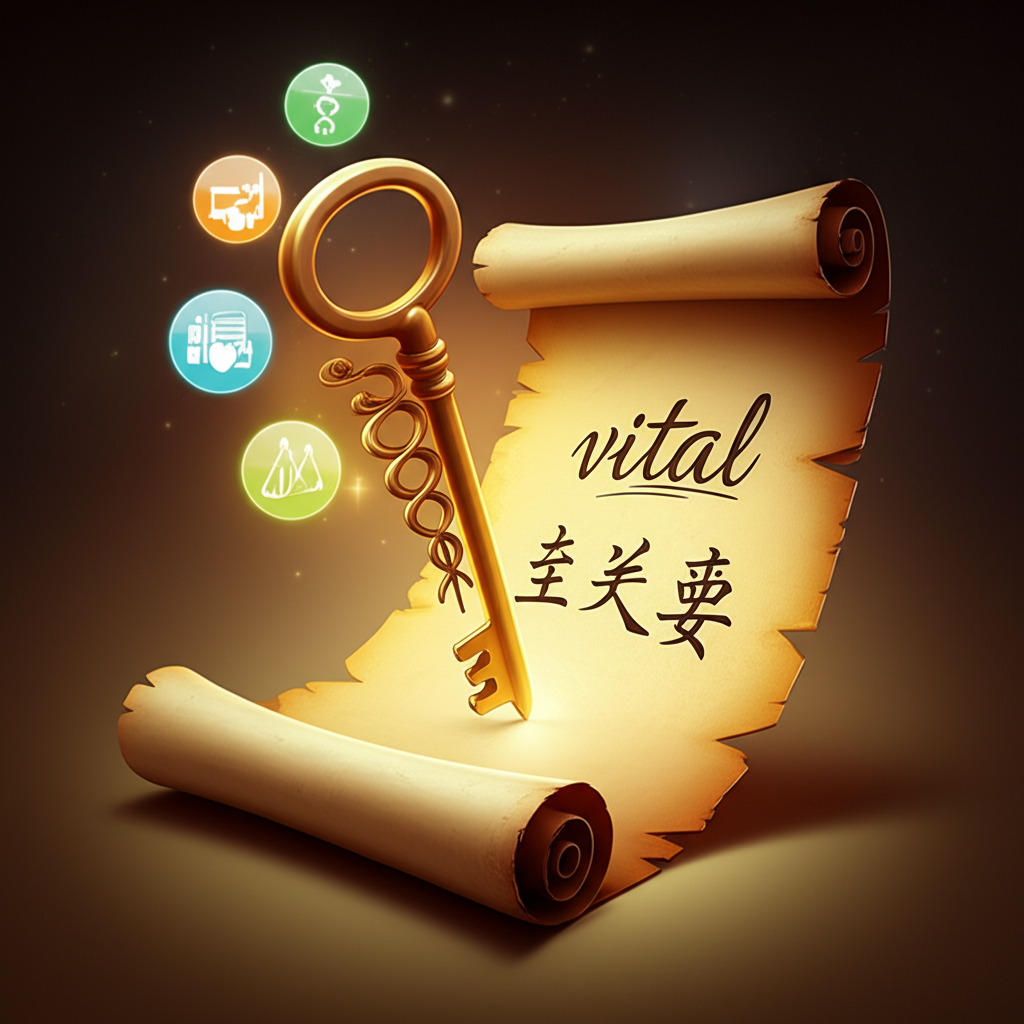 解鎖 vital 詞彙意義的插圖,包含英文與中文,環繞醫學、商業、科技圖標,強調其多樣應用與學習重要性