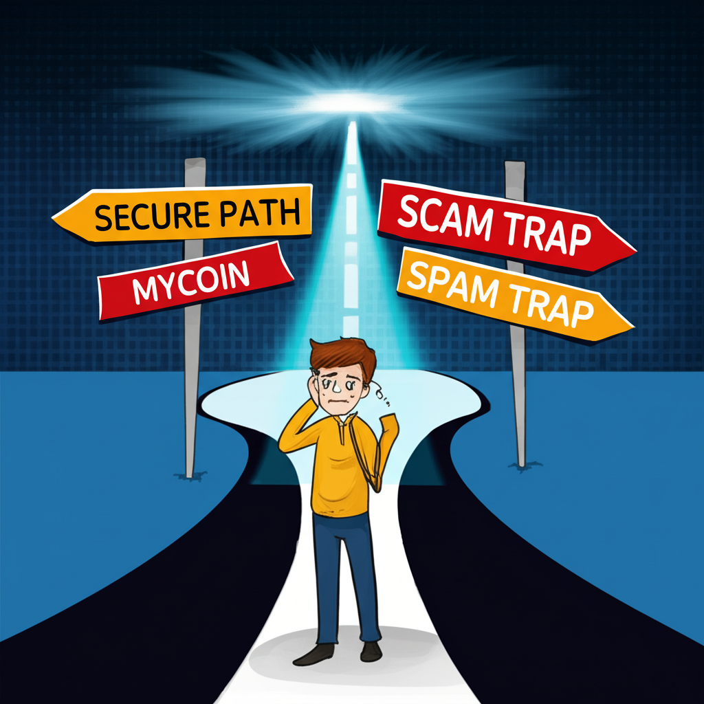 一個人困惑於多個標示 mycoin 的路標,有些通往安全通道,有些落入危險陷阱,象徵加密貨幣名稱歧義與詐騙防範意識