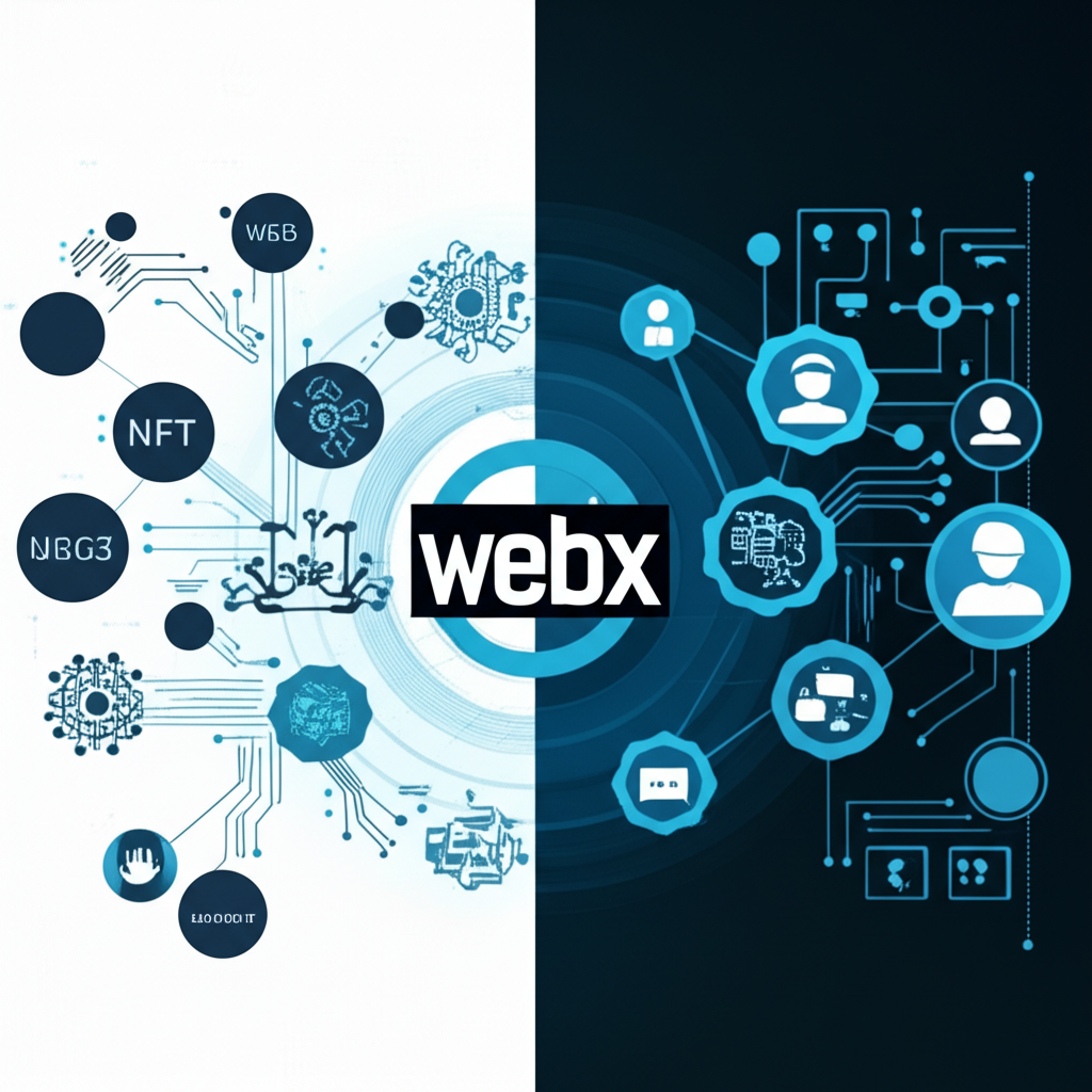 概念區分插圖,一側為 WebX 展示抽象 Web3 元素如區塊鏈和 NFT,另一側為思科 Webex 以視訊會議圖示和商業協作工具呈現