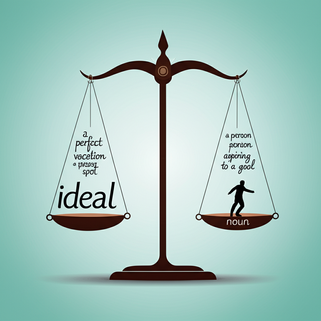 Ideal 詞性的平衡示意圖,呈現形容詞如完美度假地與名詞如追求目標的例子