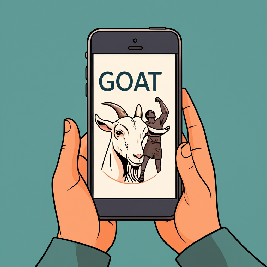 社群媒體上顯示 GOAT 文字的困惑人士,旁邊並列山羊動物與傳奇運動員,象徵其雙重含義:Greatest Of All Time 在社群脈絡中