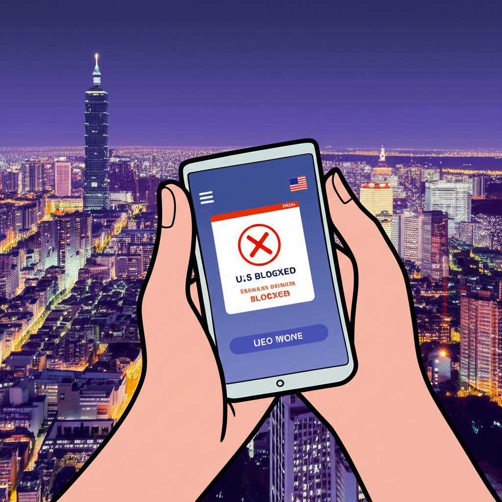台灣投資者困惑看著被封鎖的美股App,背景台北夜景