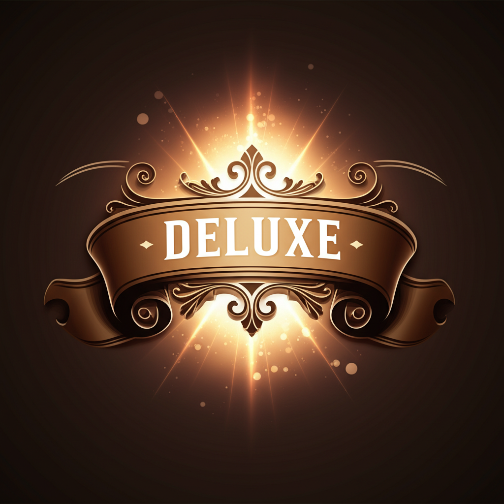 優雅法式捲軸徽章，中央醒目顯示 Deluxe 一詞，周圍閃耀抽象元素，象徵精緻、奢華和高級品質的插圖