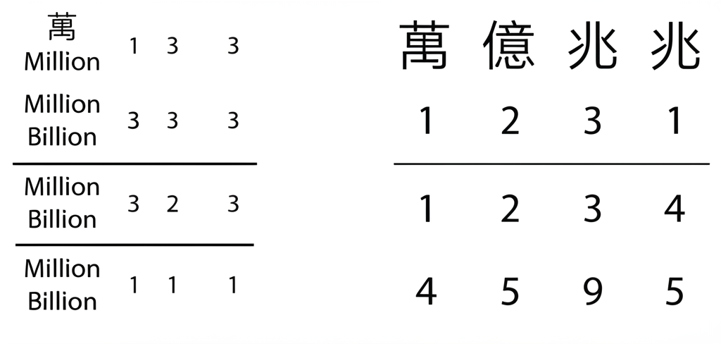 兩個不同數字系統並列顯示,一側是三位數字組以逗號分隔並標註 Million Billion,另一側是四位數字組與中文字符如萬 億 兆,突顯對比