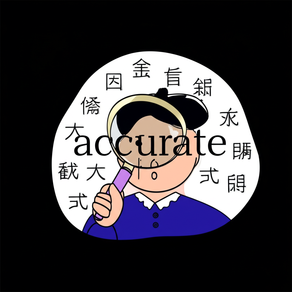 插圖:一個人拿著放大鏡學習英文,仔細觀察單字 accurate,周圍環繞中文字符,象徵超越簡單翻譯的深度理解