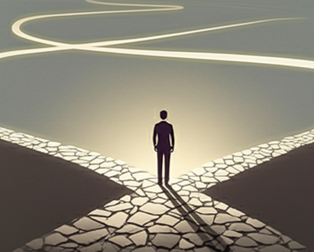 路徑依賴的十字路口選擇示意圖，象徵過去小決定對未來發展的持久影響