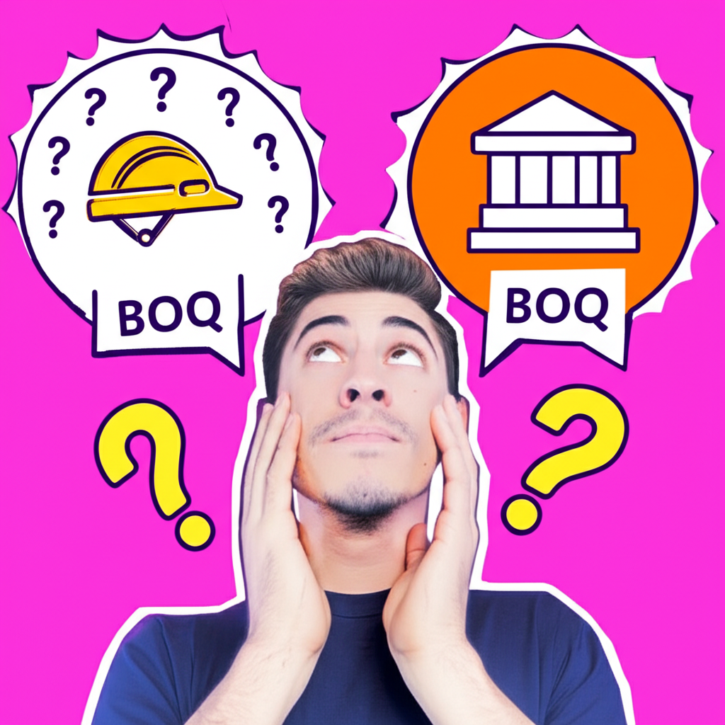 困惑人士面對建築與銀行 BOQ 圖標的插圖