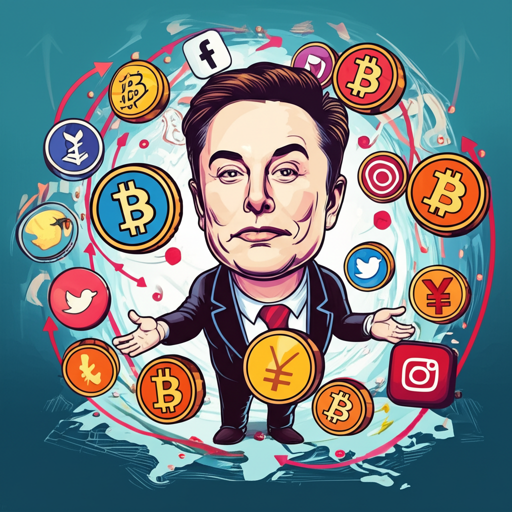Elon Musk as whimsical investment advisor with digital currency and social media icons on global map