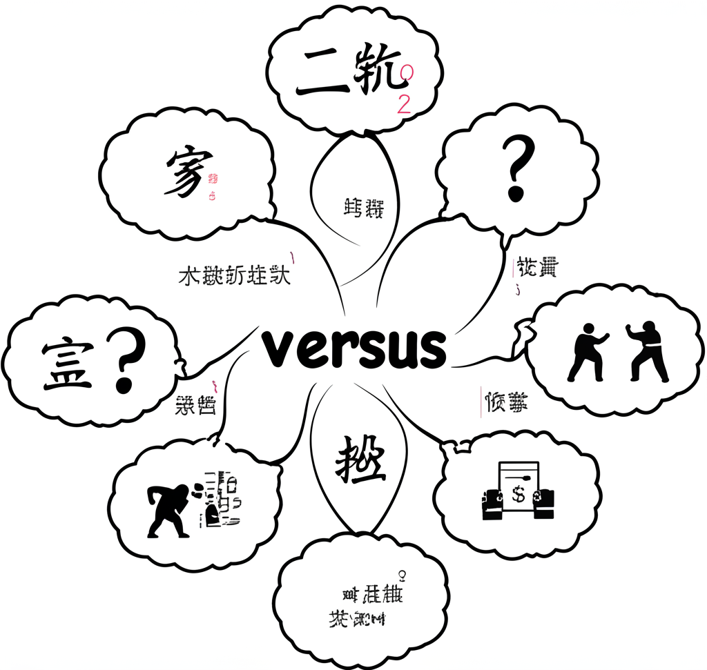 圖示「versus」的核心意義為對抗、比較與相對性,多個相互連結的思維泡泡中呈現不同情境下的中文翻譯,超越單純的對立概念
