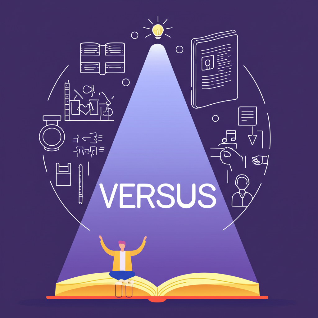 一位學習英文的人被各種象徵「versus」不同語境與細微差異的符號包圍,聚光燈聚焦在「versus 中文」字樣上,象徵全面理解與語言能力提升