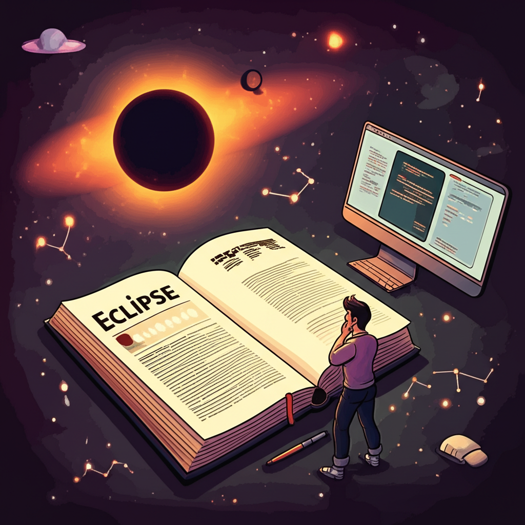 探索 Eclipse 多重含義的插圖,包括詞典、天文場景與程式碼畫面