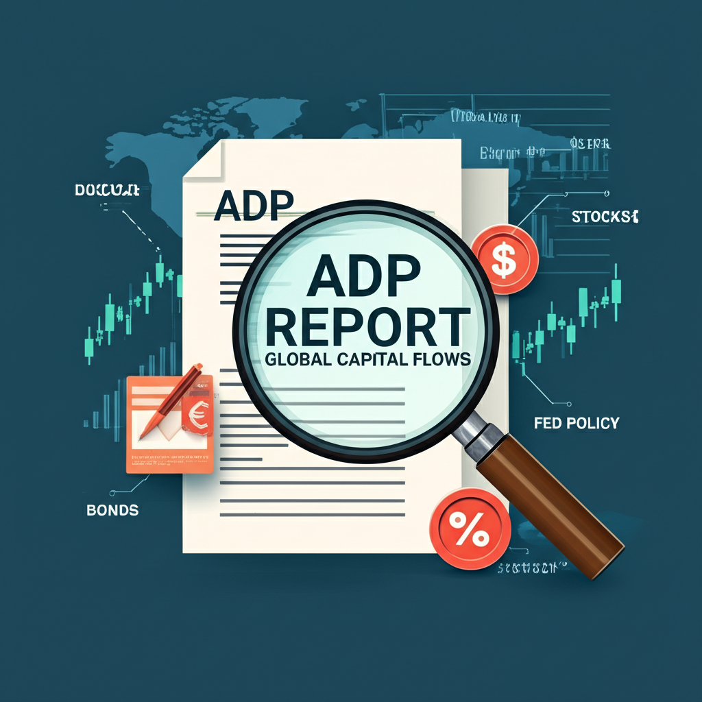 全球金融市場圖表顯示美元、股票、債券,受ADP報告影響的聯準會政策和全球資金流動