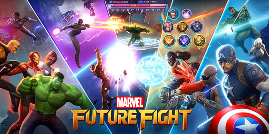 An illustration showcasing Marvel Future Fight's diverse features including a vast roster of Marvel heroes engaging in fluid action combat with dazzling skills complex character progression systems and various PVE and PVP game modes