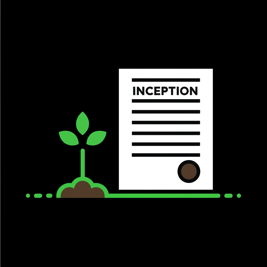 an illustration of a new beginning a seedling sprouting from the ground next to a formal document with the word inception clearly visible symbolizing a formal start or commencement in a clean and precise illustration style