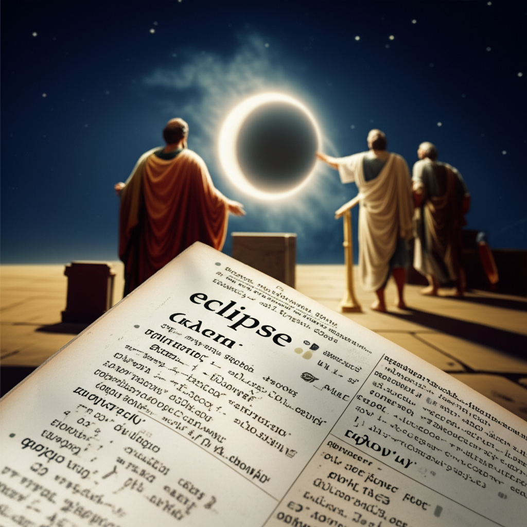 古希臘學者觀測天象,旁邊現代詞典展示Eclipse一詞的各種語言形式