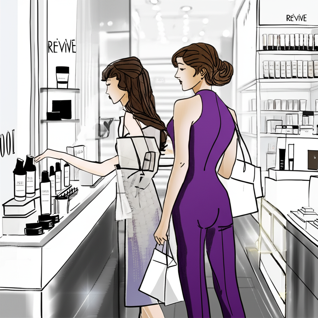 illustration of elegant women in Taiwan and Hong Kong shopping at a high-end department store counter with RéVive products prominently displayed reflecting strong market influence and loyal customer base