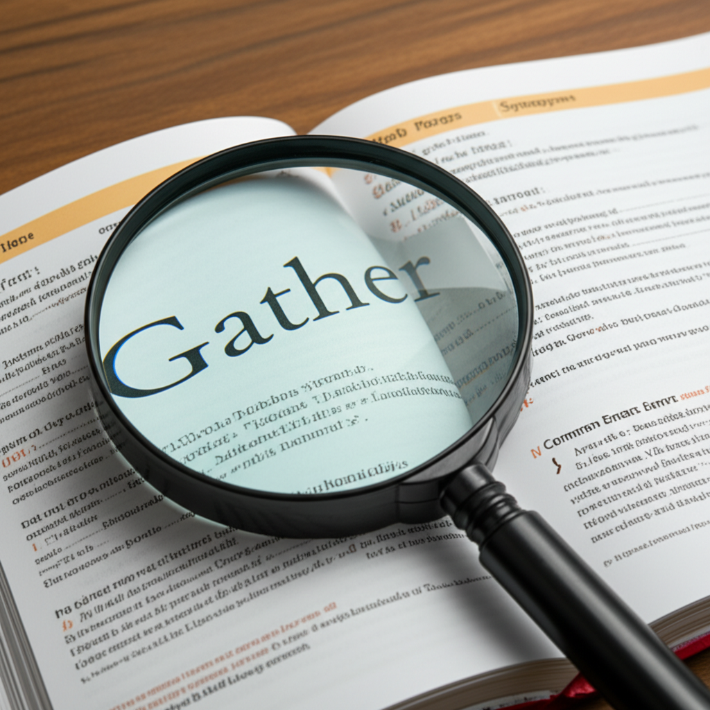 插圖:一本打開的學習指南書籍,放大鏡聚焦在單字 gather 上,展示動詞形態、進階用法、同義詞比較與常見錯誤等詳細章節