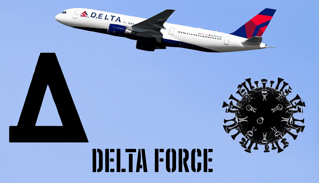 Delta Force、三角洲部隊、Delta變種病毒與達美航空飛機的符號插圖