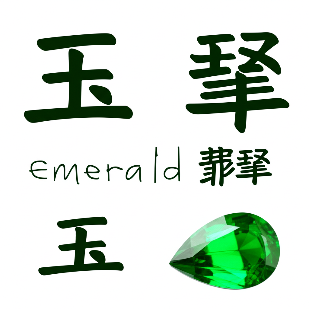 玉石漢字「玉」與翡翠「翡翠」旁邊的英文「jade」音標表示,融合語言學與寶石學元素