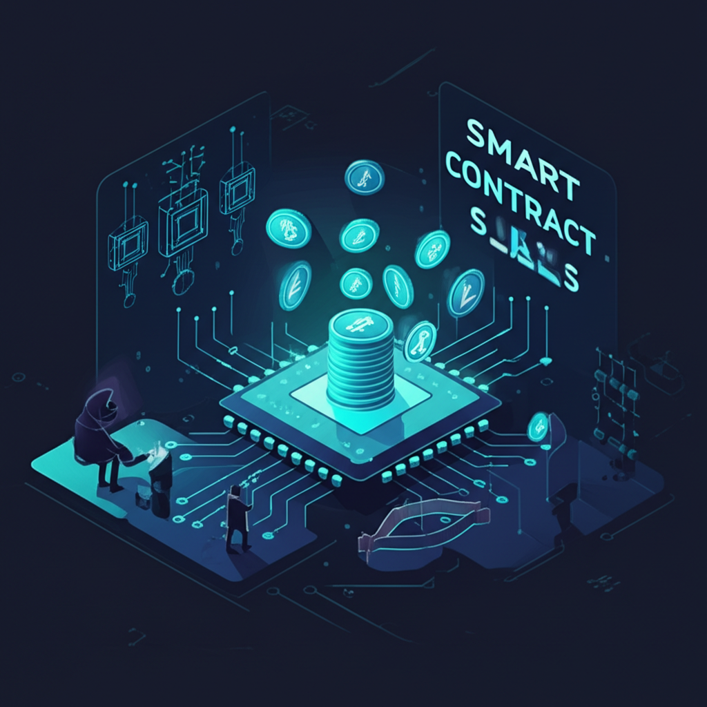 智能合約詐騙在虛擬世界的新型陷阱插圖，展示區塊鏈技術的自動執行與不可篡改特性被詐騙者利用導致資產損失