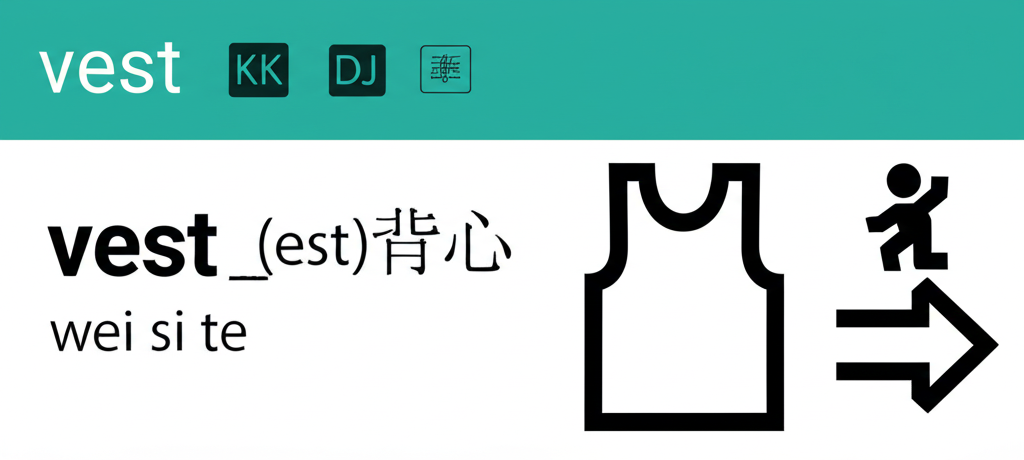 單字 Vest 的字典條目插圖，包含 KK 和 DJ 音標轉寫，以及中文近似發音 wei si te，旁邊有簡單背心圖形和動詞動作的抽象符號